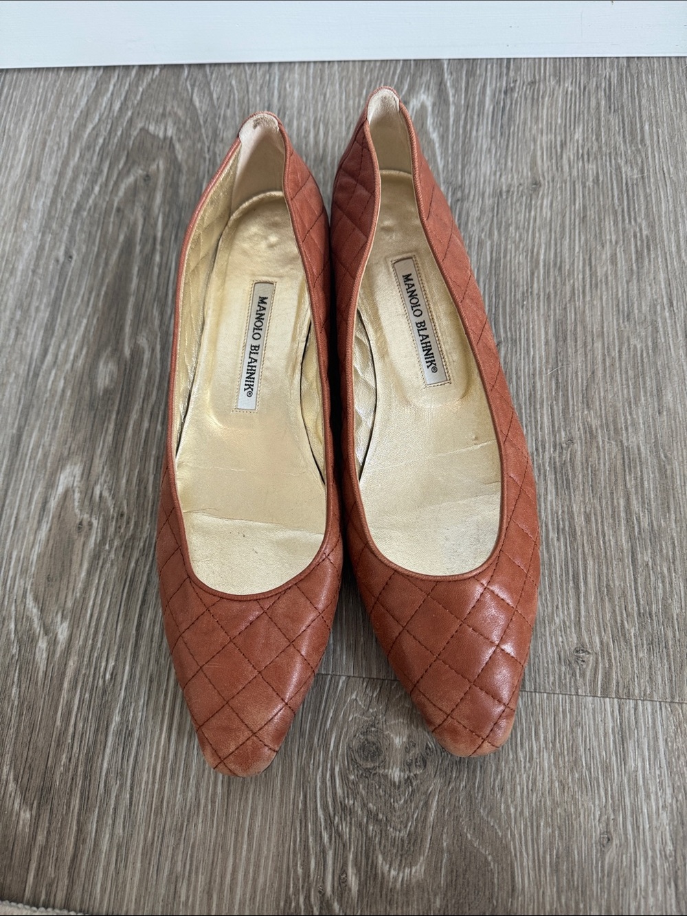 Manolo Blahnik Quilted Tan Leather Pointed Flats